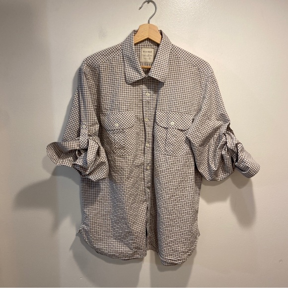 Billy Reid Brown Blue Plaid Roll Tab Sleeve Button Up Cotton Shirt Mens Slim XL - Picture 4 of 7